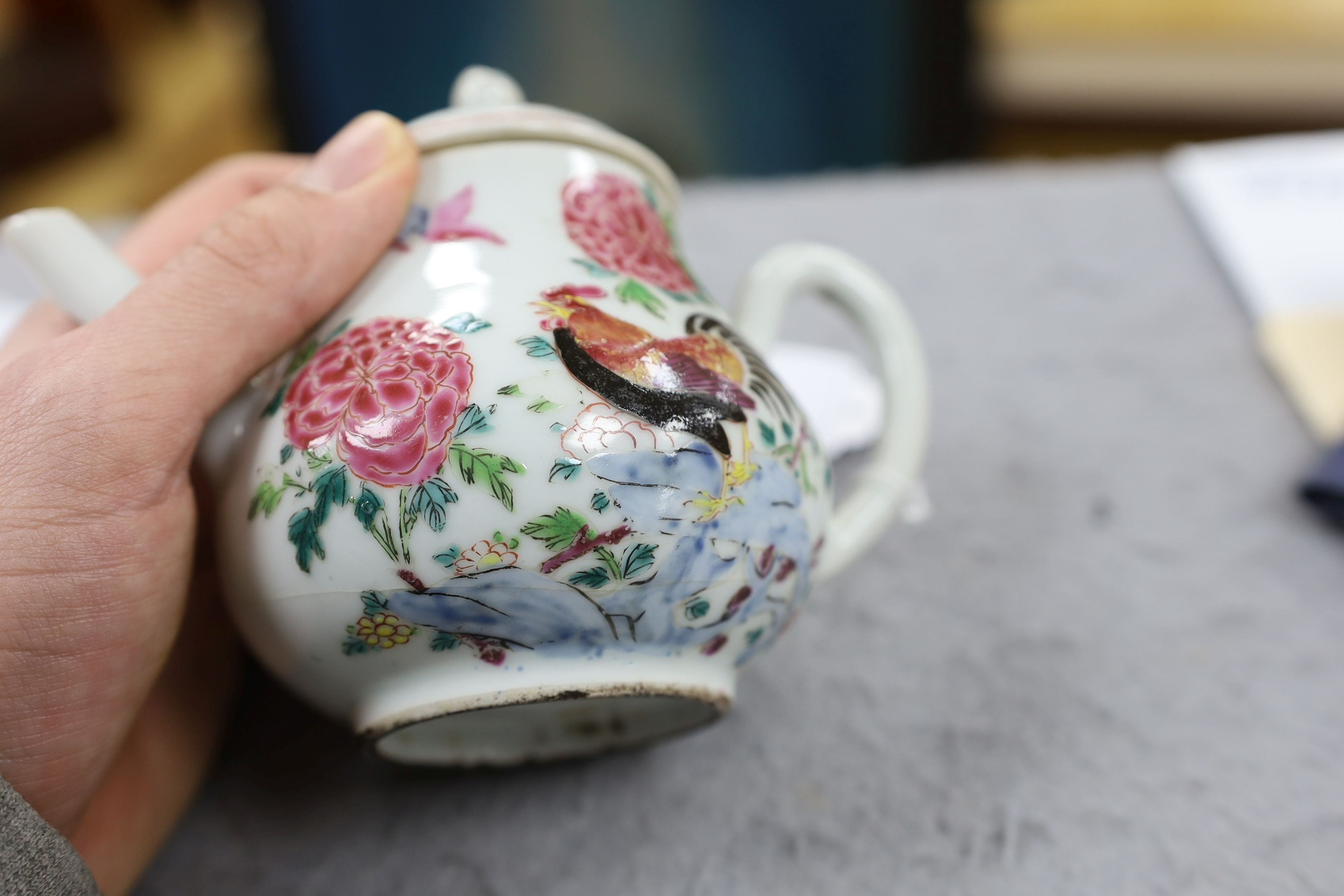 A Chinese famille rose ‘cockerel’ teapot, Yongzheng period, 12 cms high, 11.5cm high